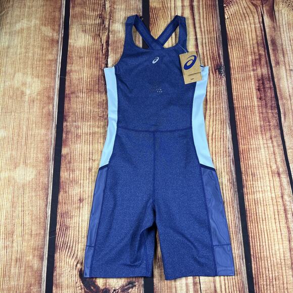 Asics Unitard Womens Small Blue Lightweight Pocket Stretch Running Singlet New - Picture 1 of 13
